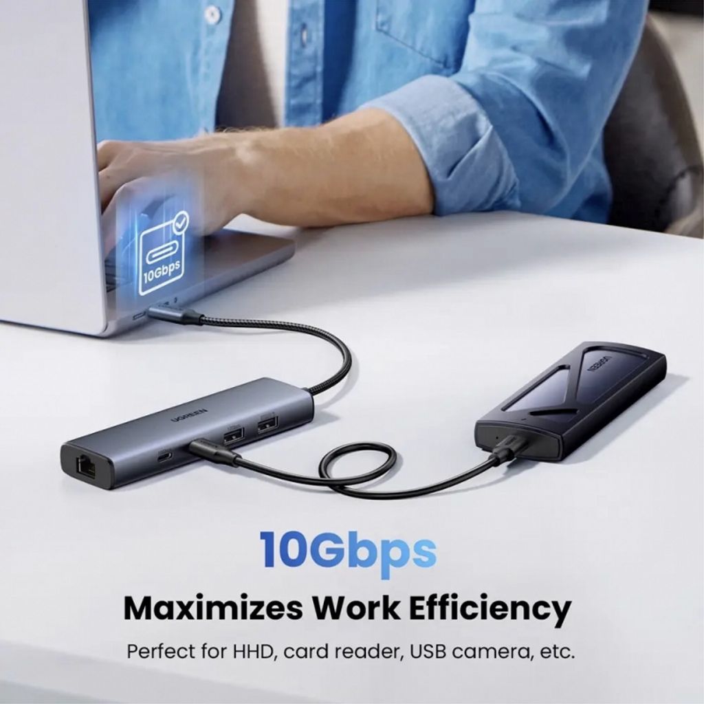 UGREEN CM512 USB-C Hub med 1x USB-A 3.2 / 1x USB-A / 3x USB-C / 1x RJ45 - grå
