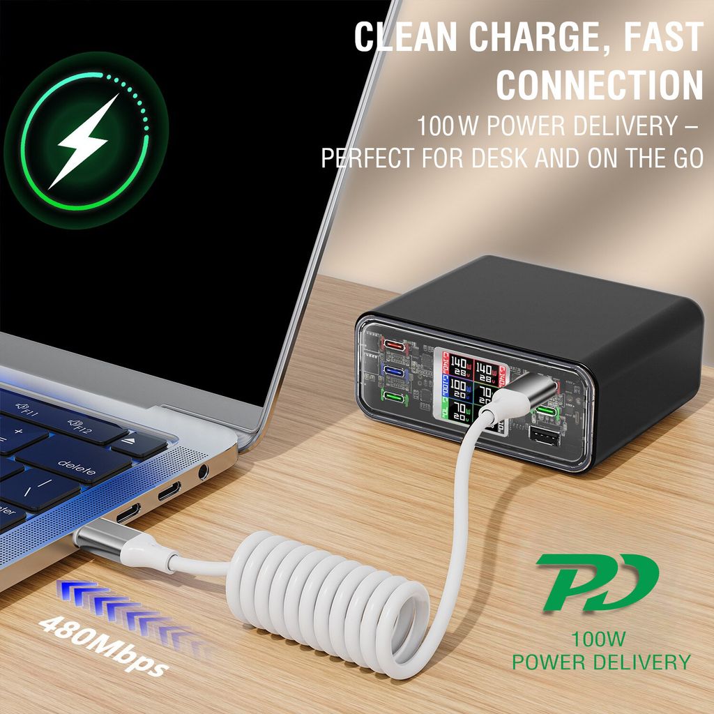 4Smarts USB-C-kabel, uttrekkbar spiralkabel, 100 W, 1,35 m – hvit