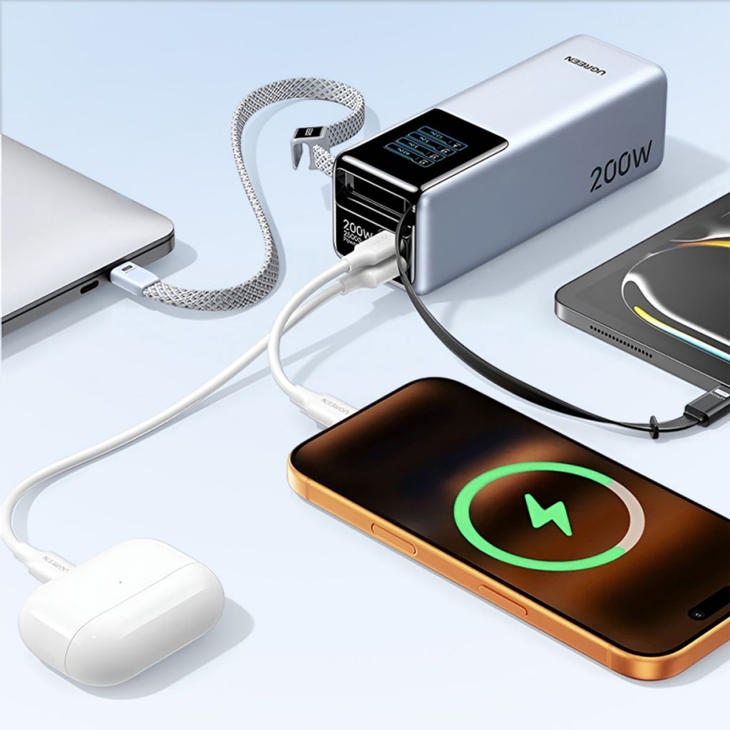 Ugreen PB728 powerbank 25000mAh 200W QC/PD met USB-C-kabel - grijs