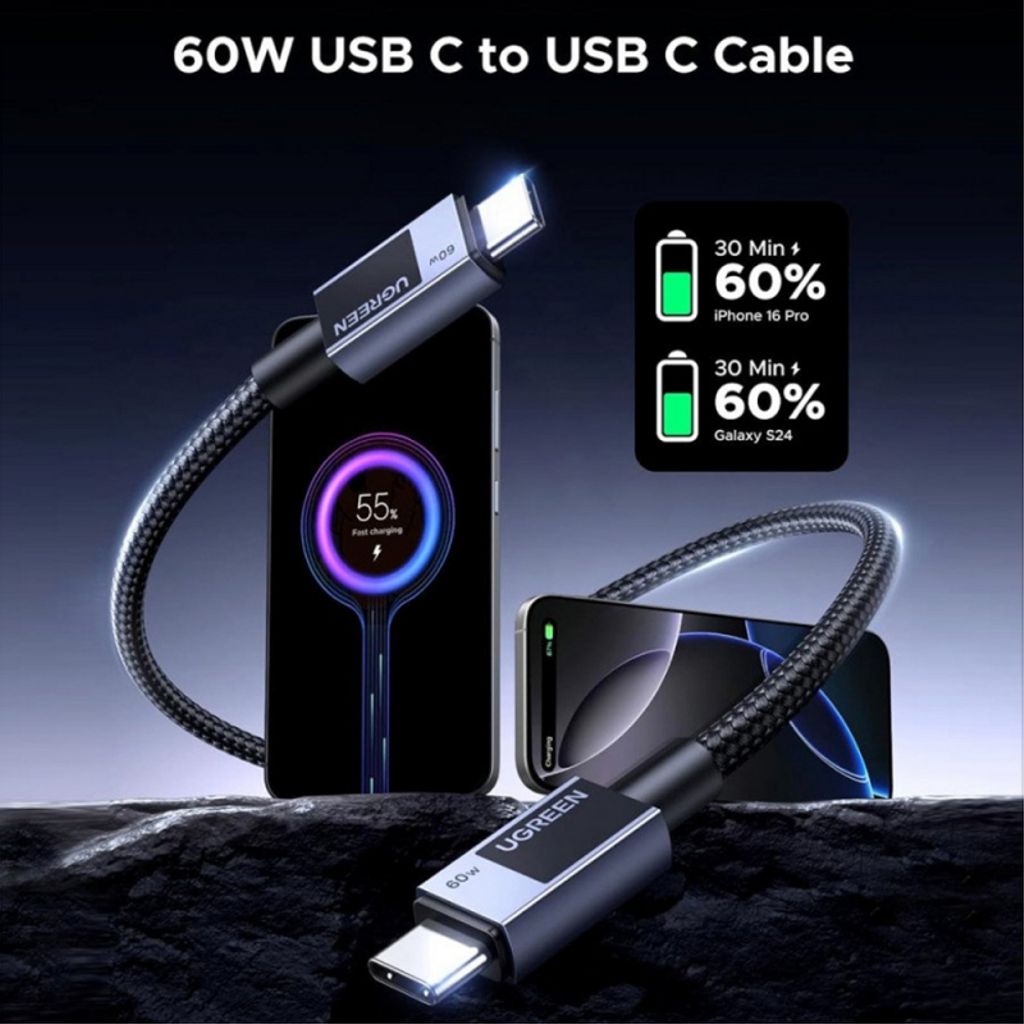 UGREEN L524 USB-C till USB-C kabel 60W, 3A, 1m – Grå