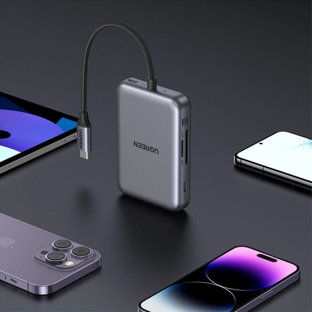 Ugreen CM896 USB-C-keskitin HDMI / USB-C / 2x USB / 1x SD / 1x TF -liitännällä - harmaa
