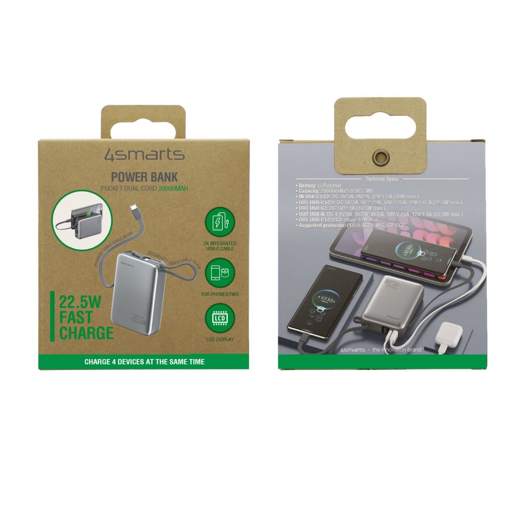 4Smarts Pocket Powerbank med Dubbla USB-C kablar 20000 mAh 22.5W – Space Grey