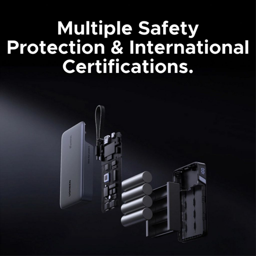 UGREEN Powerbank 20000mAh, 67W, QC + PD med innebygd USB-C-kabel – Grå