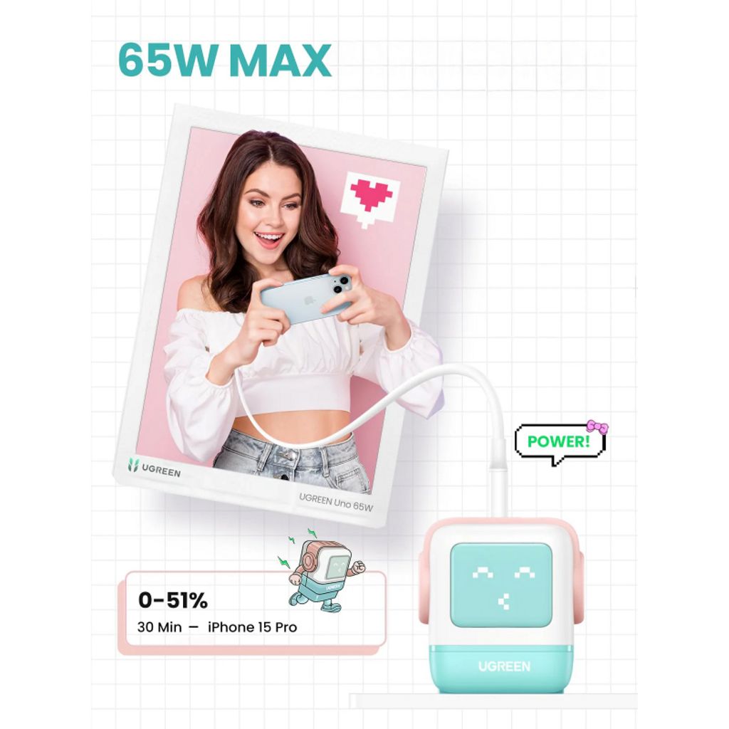 UGREEN CD361 Uno väggladdare USB-C/USB-A 65W – Blå/Rosa