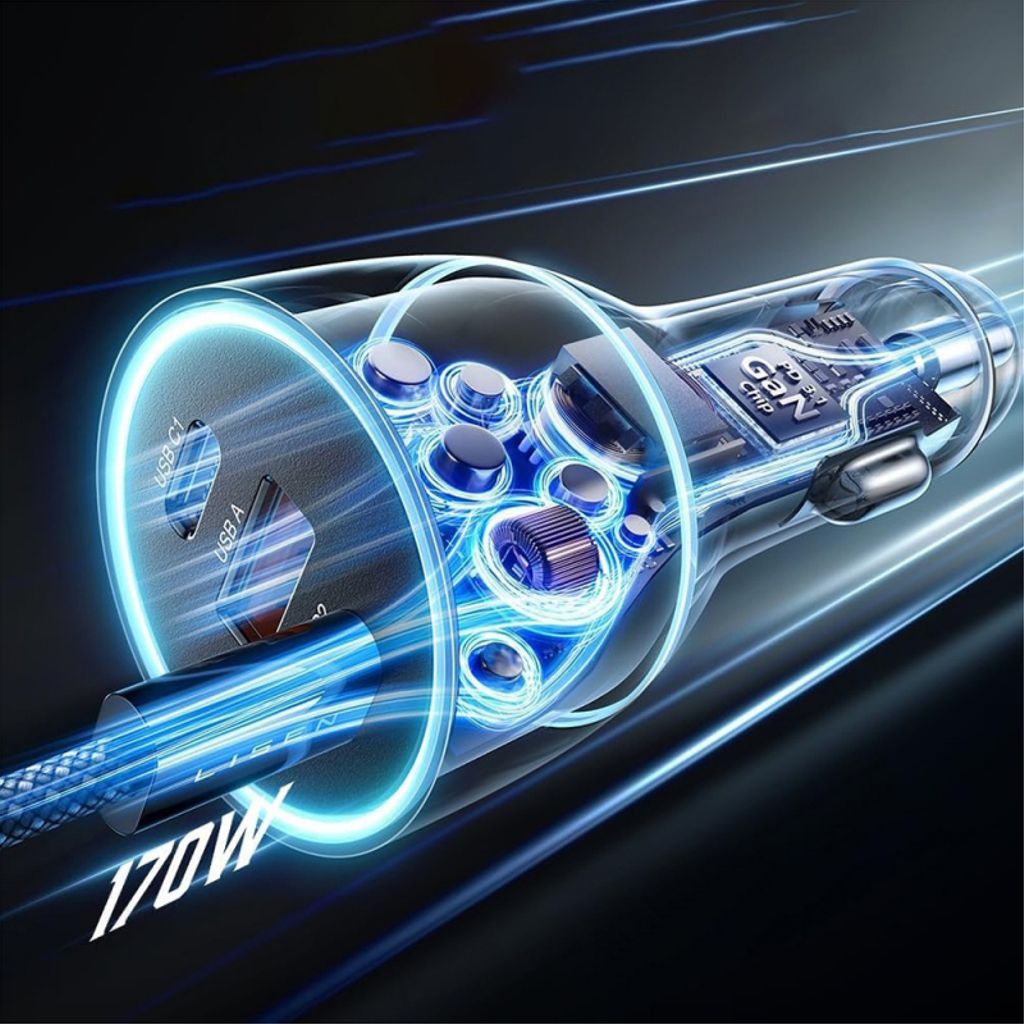 Lisen billaddare 170W, 5A, 2x USB-C / 1x USB-A med USB-C kabel - Svart