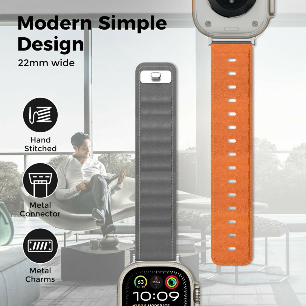 AHASTYLE BO06 Apple Watch 42/41/40/38mm Klockarmband i Läder - Grå/Orange
