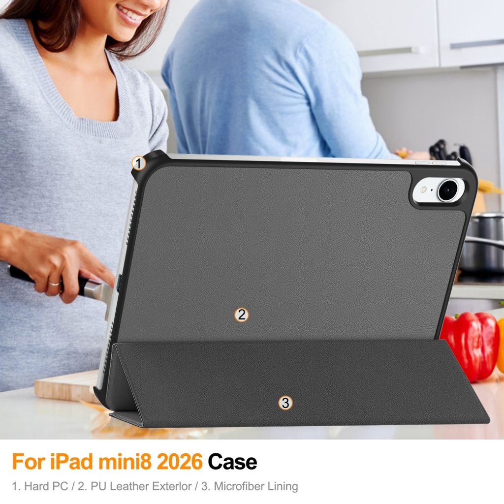 iPad Mini (2026) Tri-fold kotelo PU-nahkaa - Harmaa