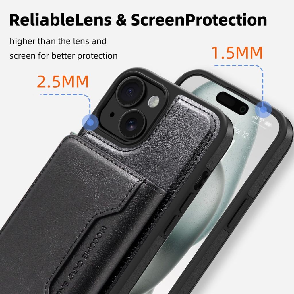 iPhone 15 Magnetic Wallet Case with Detachable Card Holder - Black