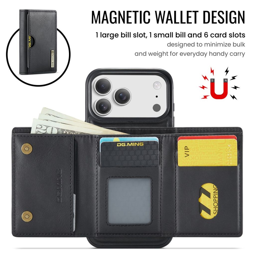 DG.MING iPhone 18 Pro Max/17 Pro Max Deksel med Magnetisk Lommebok - Svart