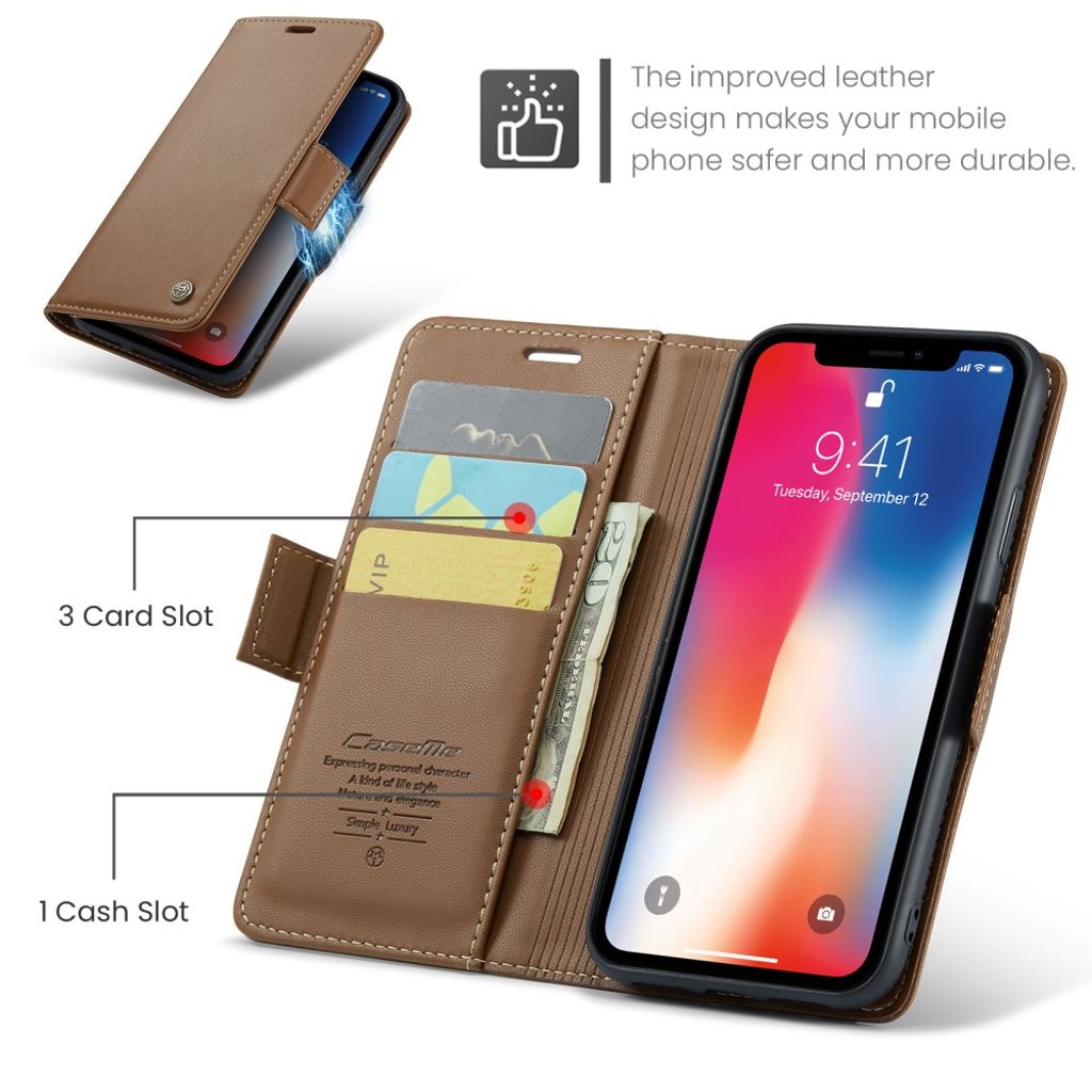 CASEME iPhone XS Max Pungetui m. 3 Kortplads & RFID-blokering – Brun