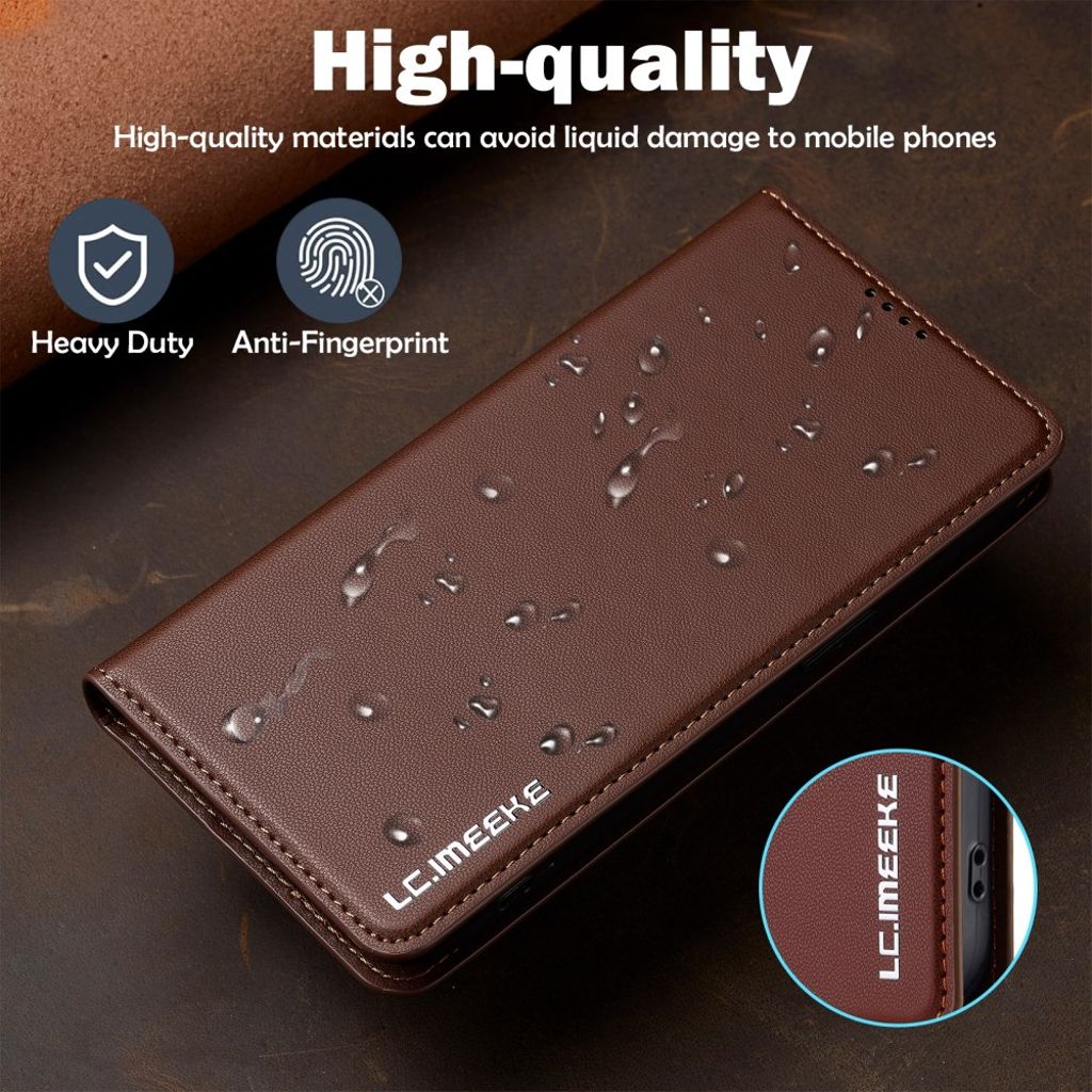 LC.IMEEKE iPhone 15 Wallet Cover Stand PU Leather - Brown