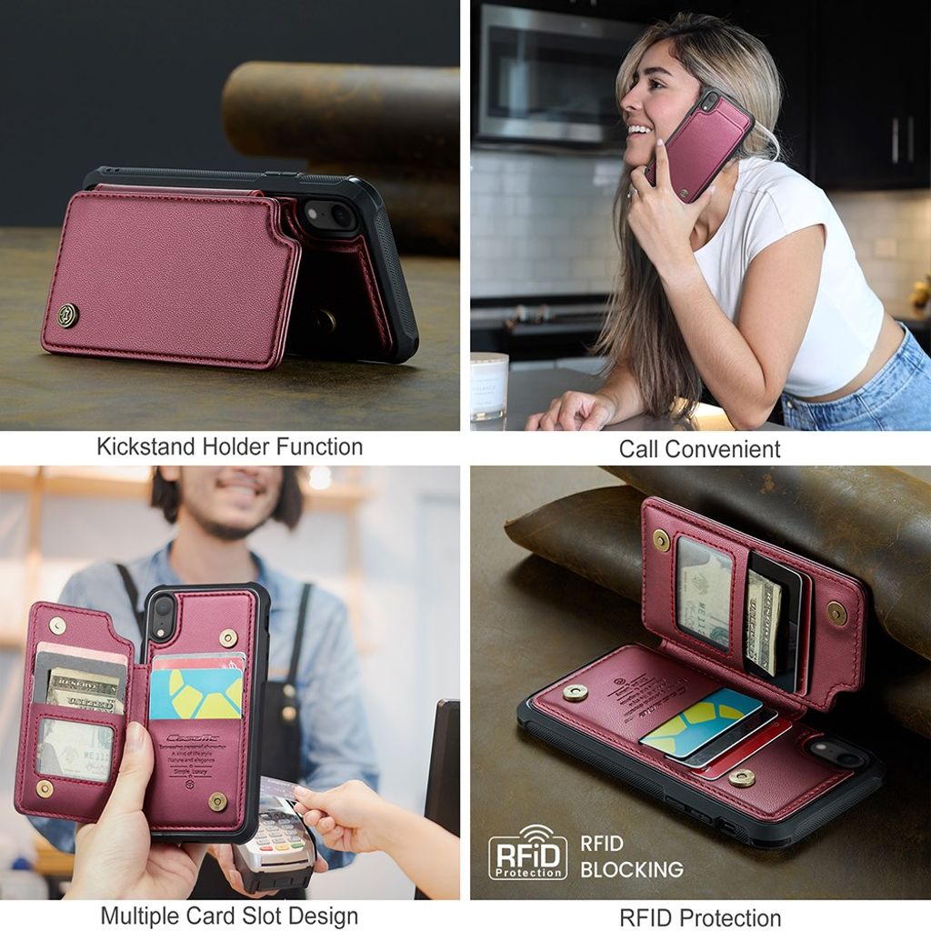 CASEME C22 Plånboksskal med RFID-blockerande för iPhone XR – Röd