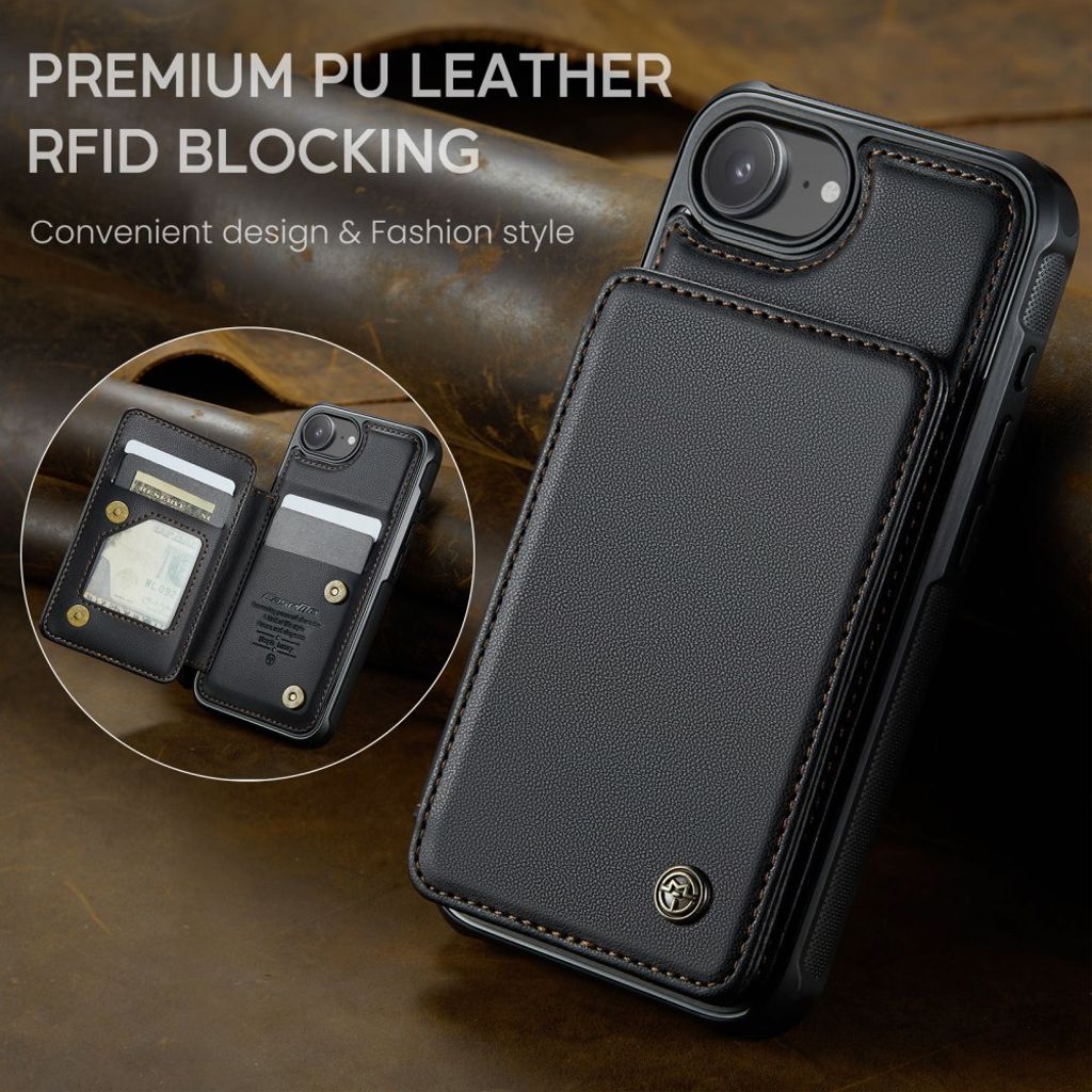 CASEME iPhone 16e Lommebokdeksel med RFID Kortholder og Stativ – Svart