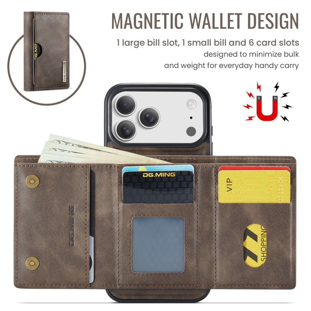 DG.MING iPhone 18 Pro/17 Pro Deksel med Magnetisk Lommebok - Brun