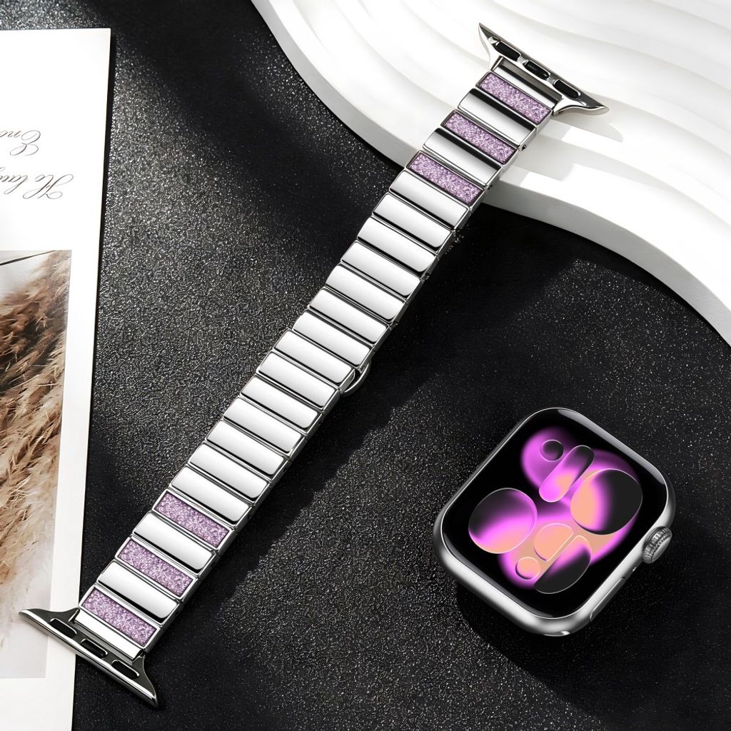 Apple Watch 49/46/44/42mm Klockarmband i rostfritt stål med glitter - Rosa