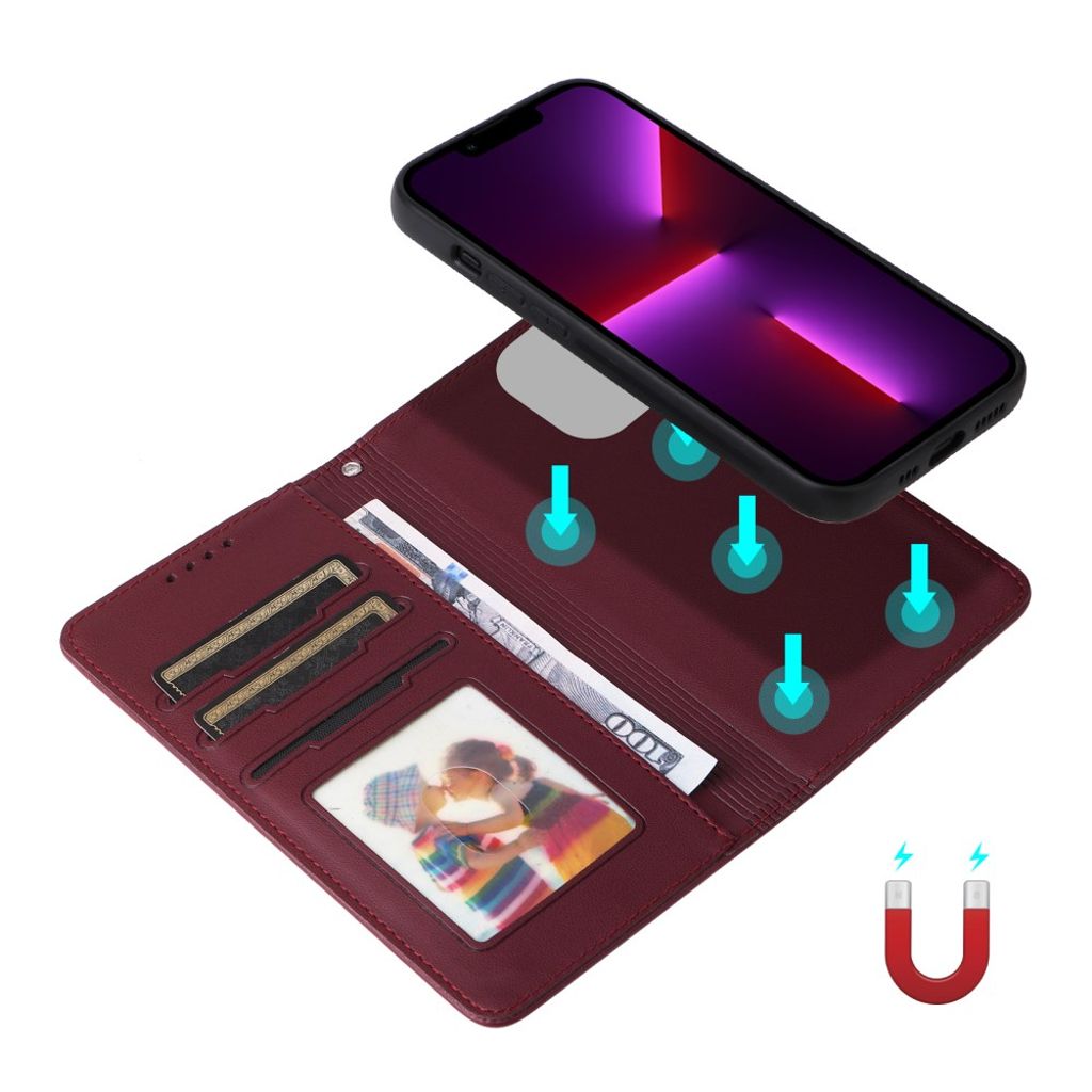 BETOPNICE iPhone 13 Pro Max Lompakkokotelo Irrotettava - Viininpunainen