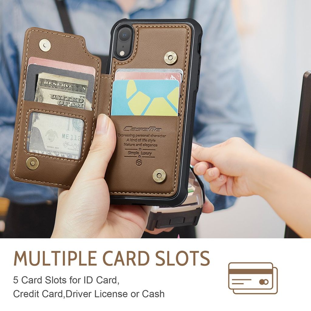 CASEME C22 Plånboksskal med RFID-blockerare för iPhone XR – Brun