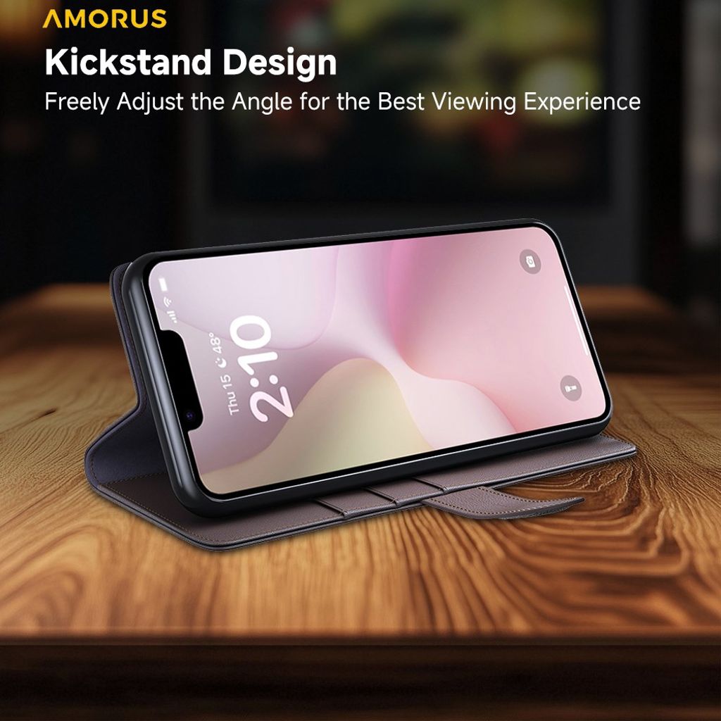 AMORUS iPhone 16e Lommeboketui Stativ Ekte Skinn - Brun