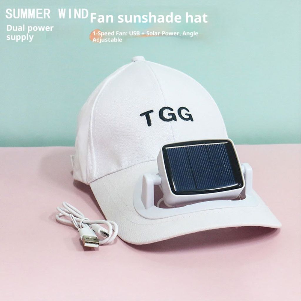 Keps med inbyggd fläkt, uppladdningsbar med USB/Solpanel – vit
