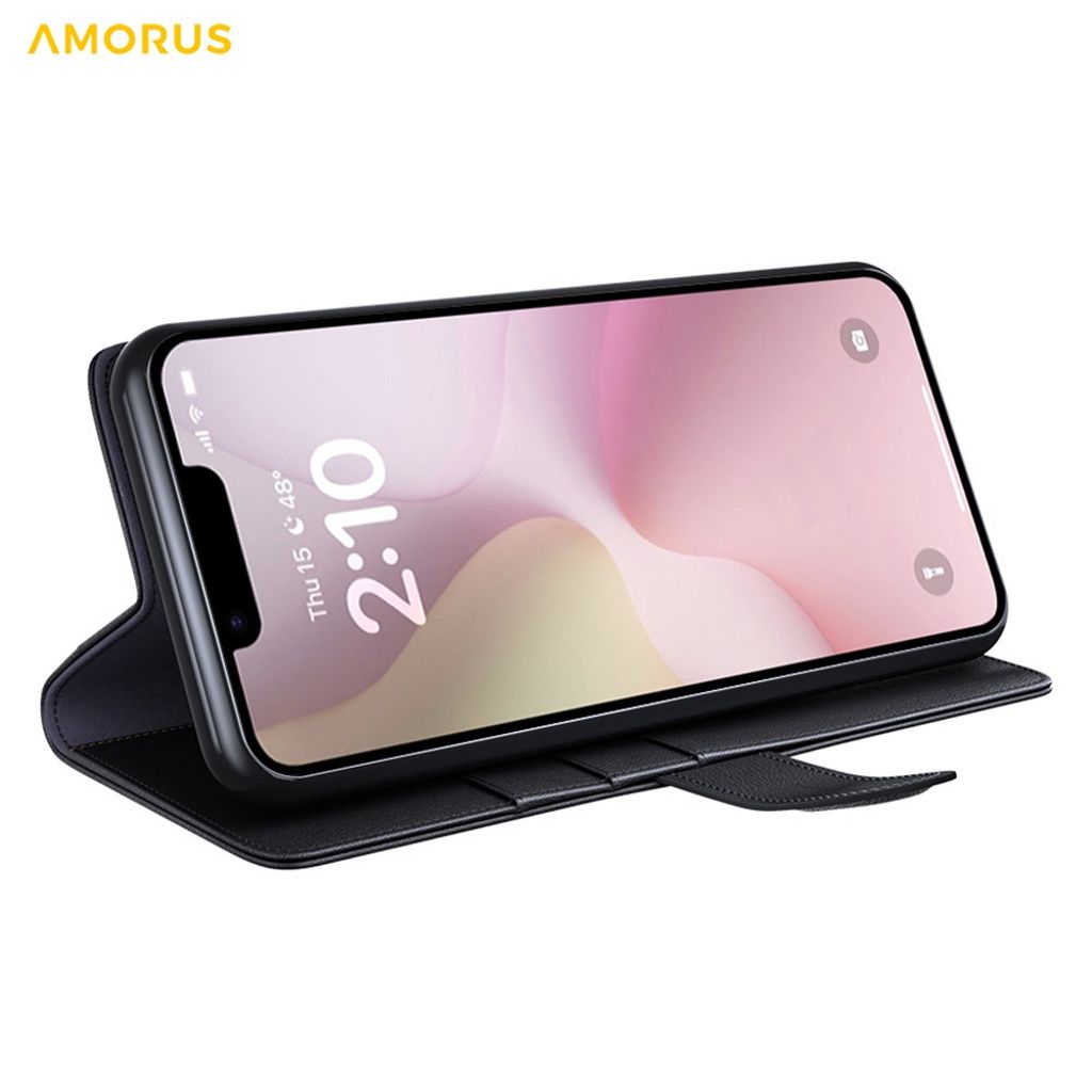 AMORUS iPhone 16e Wallet Cover Stand Real Leather - Black