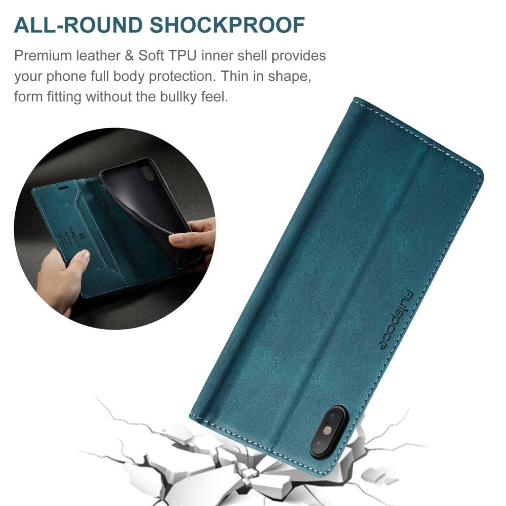 AUTSPACE Plånboksfodral med RFID och stativ för iPhone X/XS – Blå