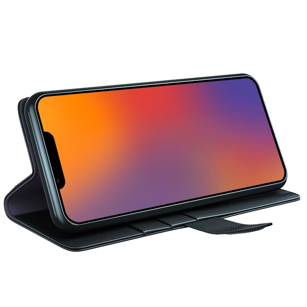 iPhone 14 Lommeboketui Ekte Skinn Med Stativ - Svart