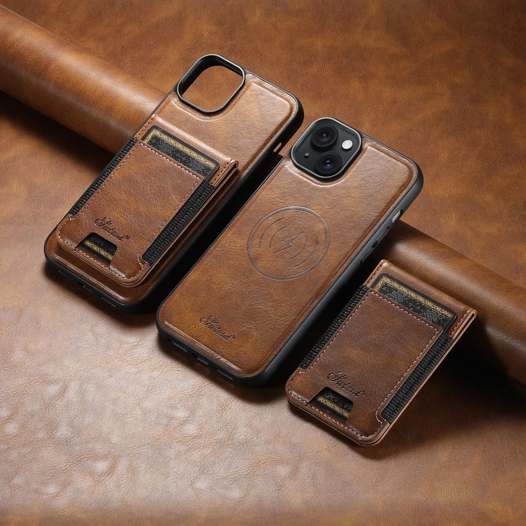 SUTENI iPhone 13 Lompakkokuori MagSafe, Kortin Haltija, Jalusta - Ruskea