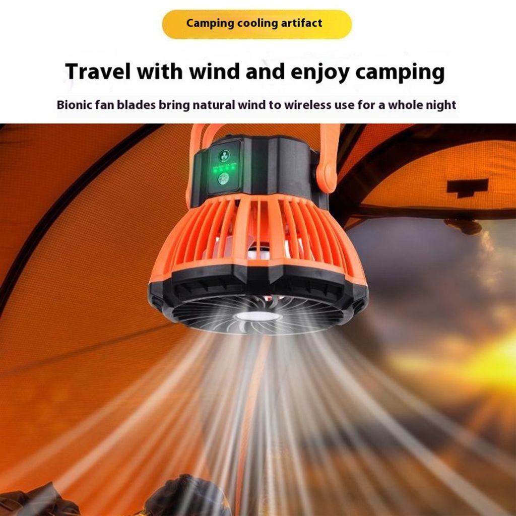 3-i-1 campingfläkt med LED-belysning och powerbank – Orange