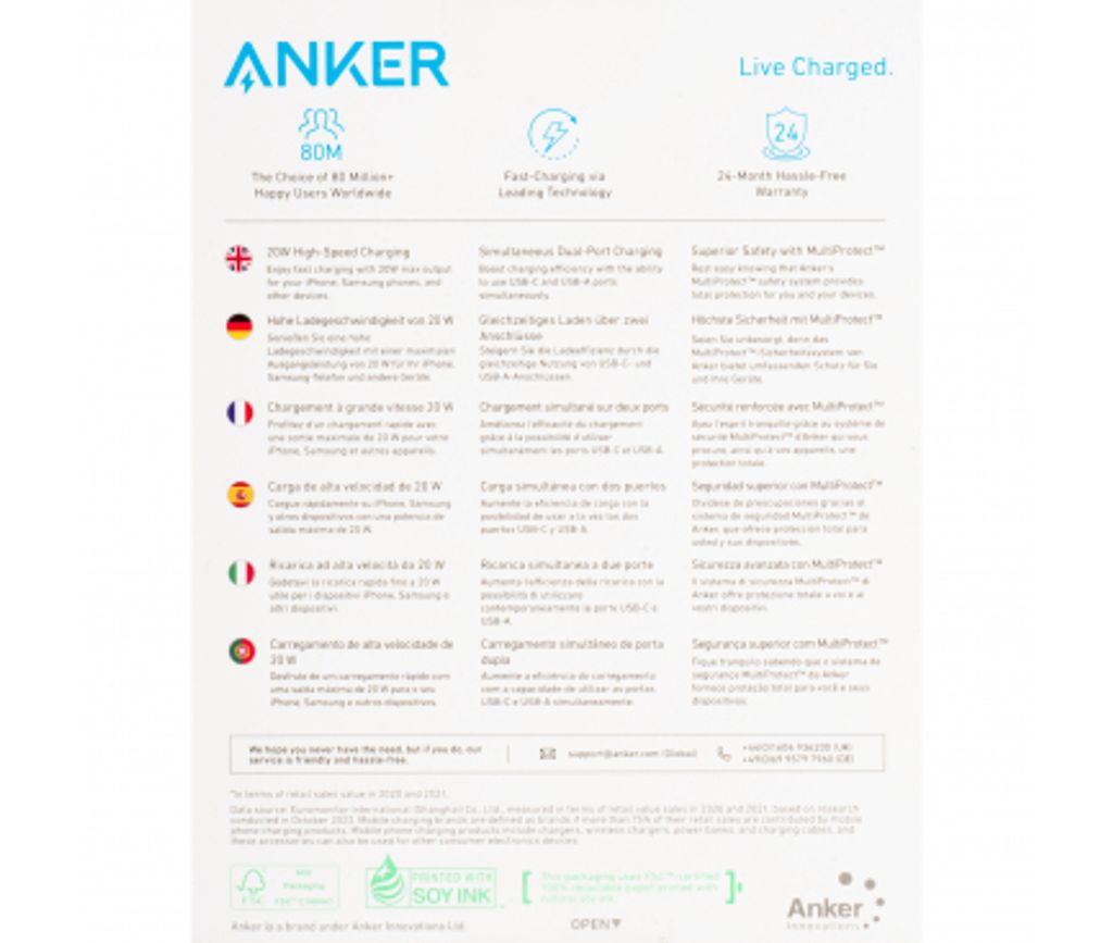 Anker 312 vægoplader 20W, 3A, 1x USB-A / 1x USB-C – hvid