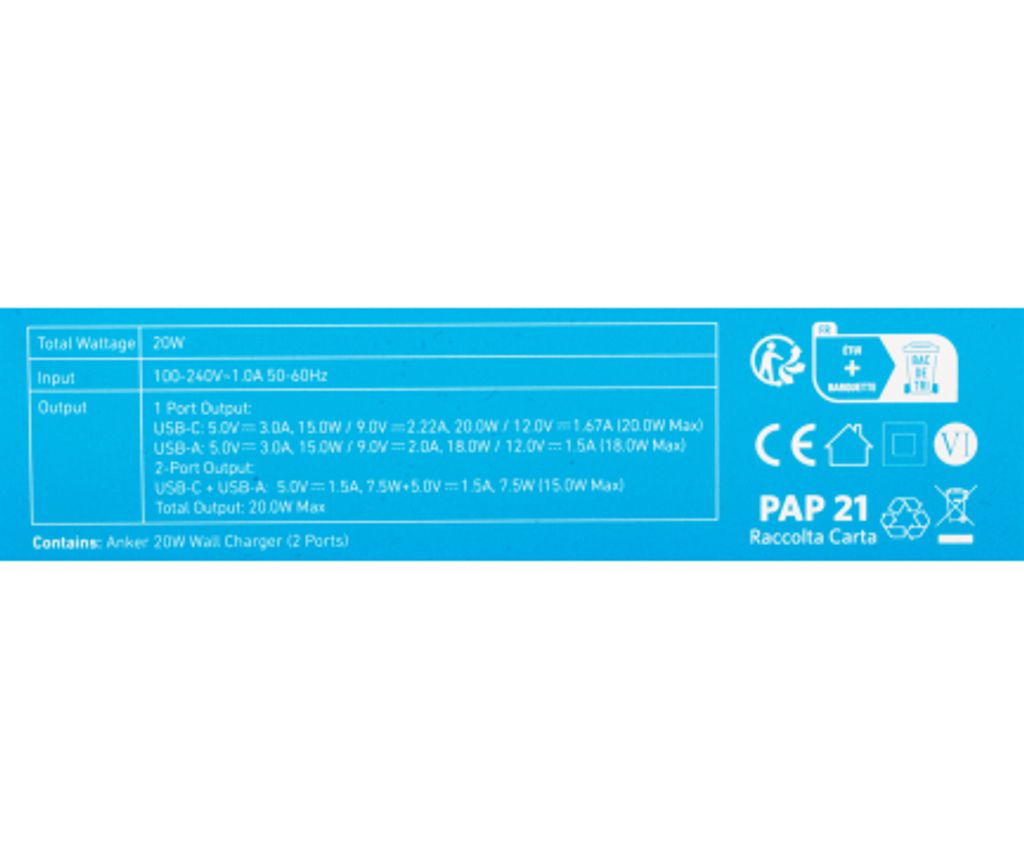 Anker 312 vægoplader 20W, 3A, 1x USB-A / 1x USB-C – hvid