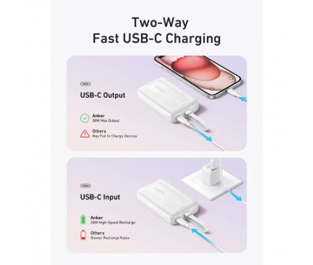 Anker Zolo Varavirtalähde 10 000 mAh 30 W QC+PD USB-C-kaapelilla - Valkoinen