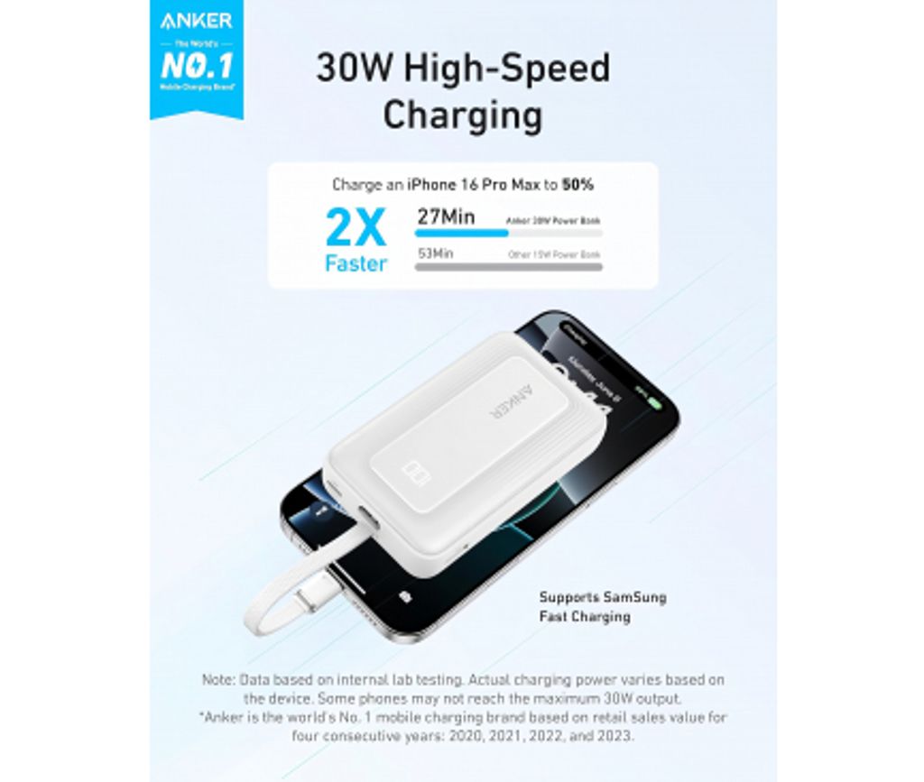 Anker Zolo Varavirtalähde 10 000 mAh 30 W QC+PD USB-C-kaapelilla - Valkoinen