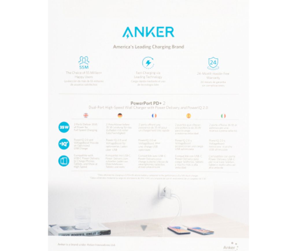 Anker PowerPort PD+ 2 Väggladdare 35W, 1x USB-A / 1x USB-C – Vit
