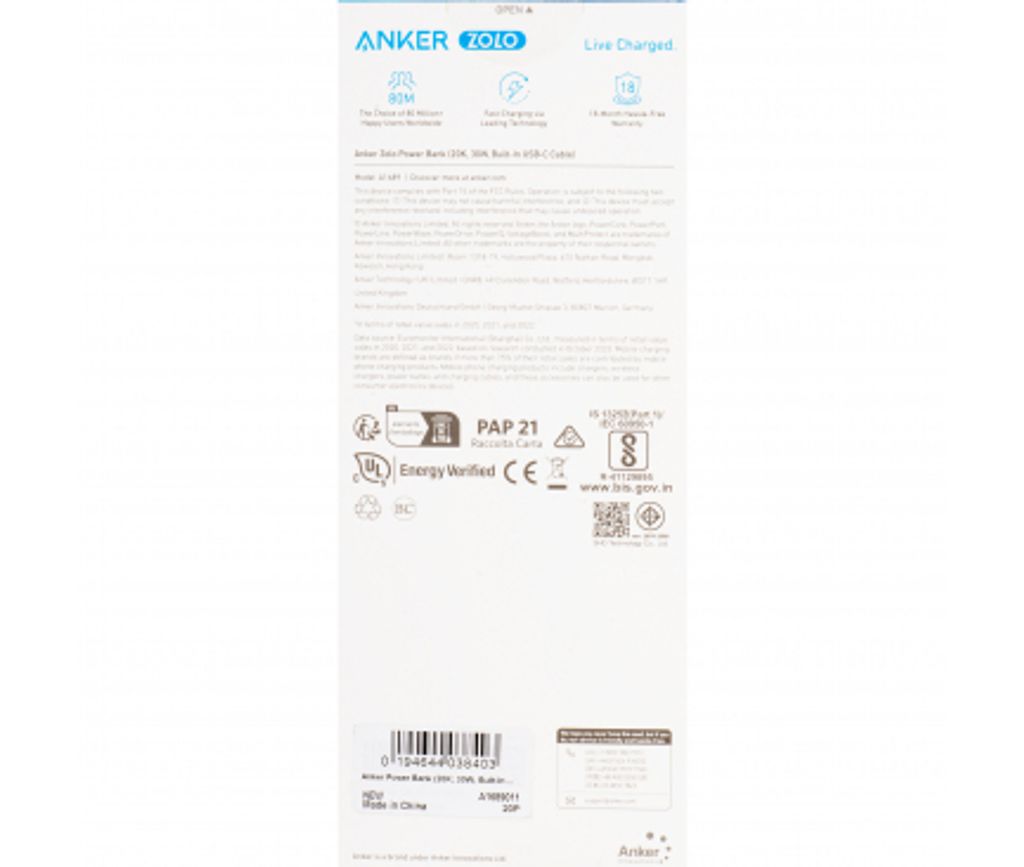 Anker Zolo Powerbank 20 000mAh, 30W QC+PD med USB-C-kabel – Svart