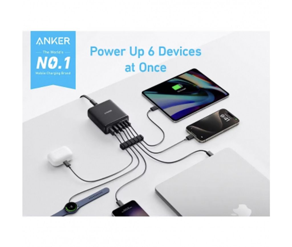 Anker Bordoplader 112W 3x USB-C/3x USB-A – Sort