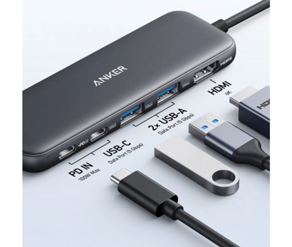 Anker 332 USB-C-keskitin 2x USB-A / 2x USB-C / 1x HDMI - Harmaa