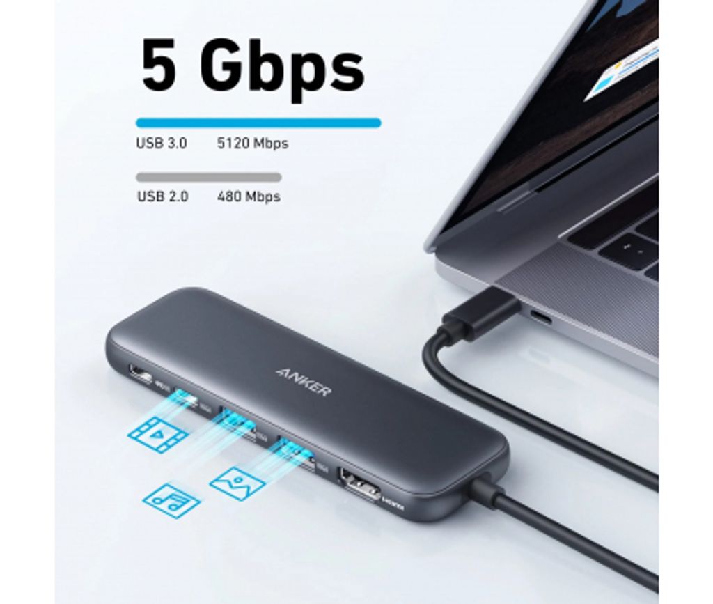 Anker 332 USB-C-keskitin 2x USB-A / 2x USB-C / 1x HDMI - Harmaa