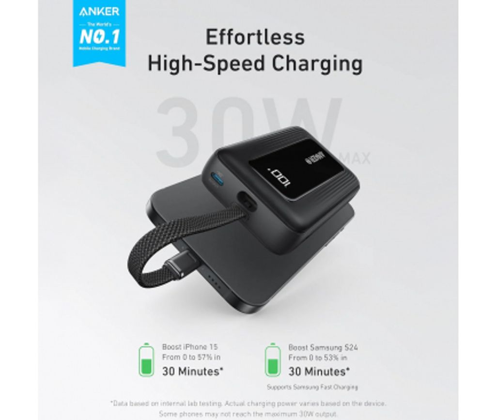 Anker Zolo Powerbank 10000mAh 30W QC+PD med USB-C-kabel – Svart