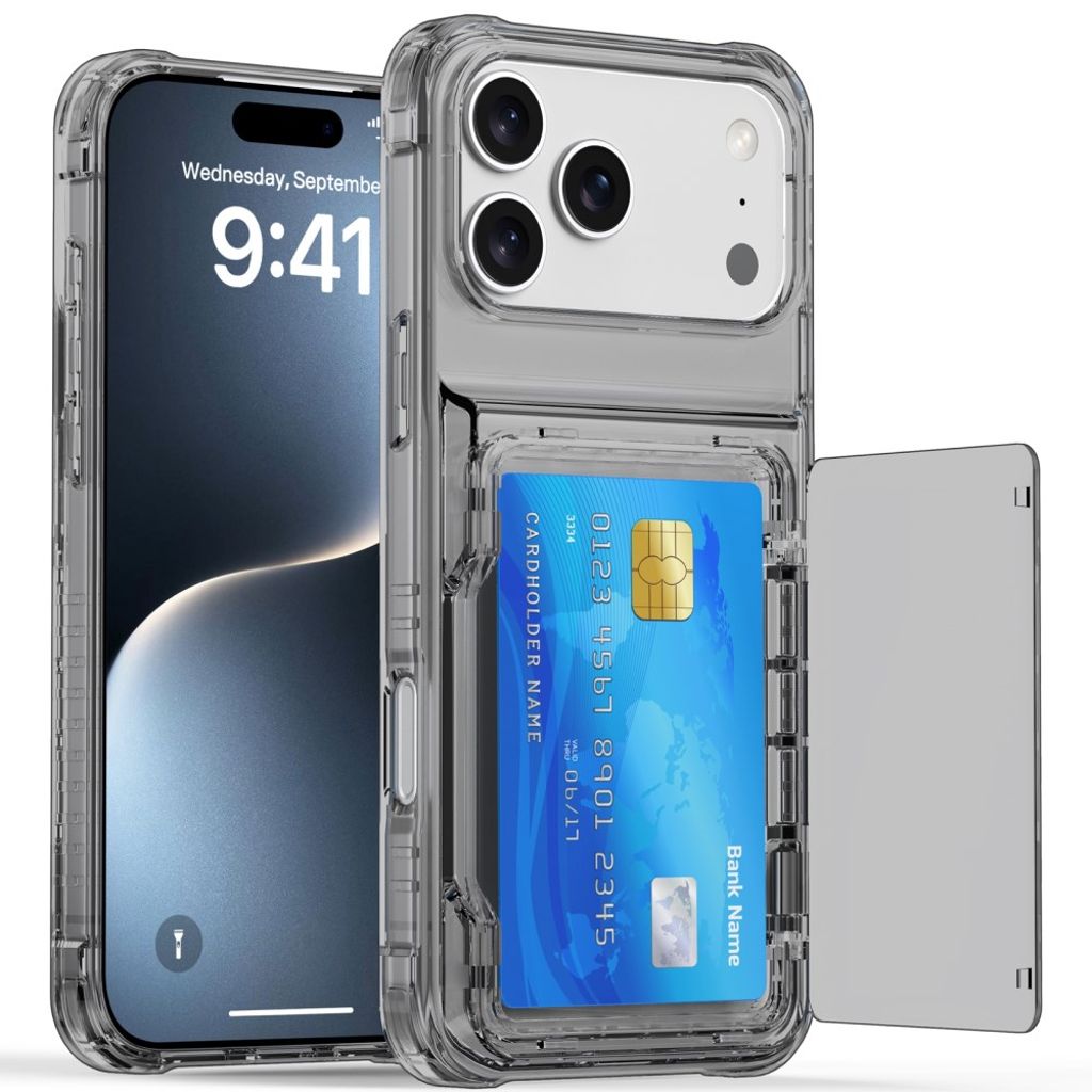 iPhone 17 Pro Max Kuori, Jalusta, Korttipaikka - läpinäkyvä musta