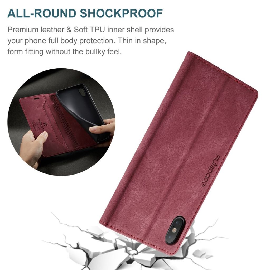 AUTSPACE iPhone X/XS Plånboksfodral RFID-blockerande Stativ – Röd