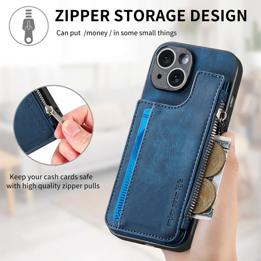 iPhone 14 Pungcover med Kortholder/Stativ – Blå