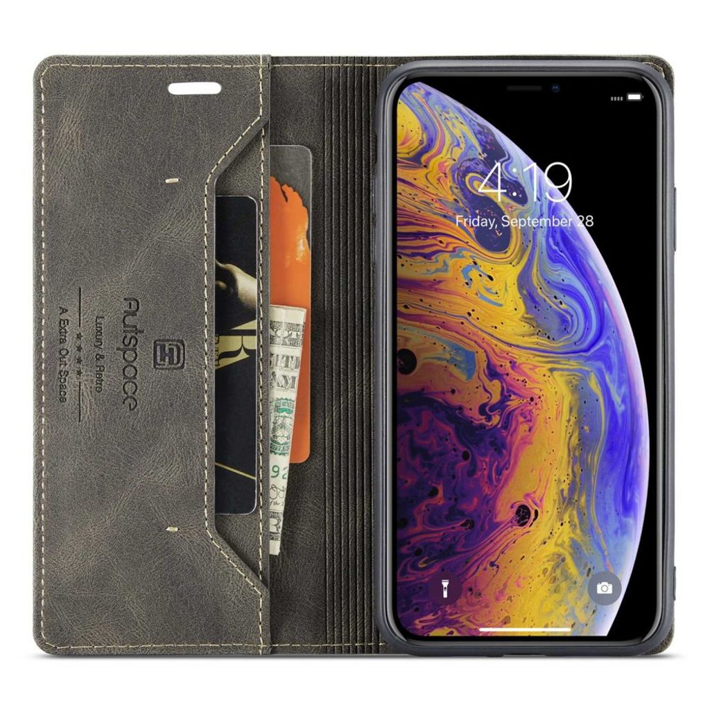 AUTSPACE A01 Series Plånboksfodral till iPhone X/XS RFID Stativ – Brun