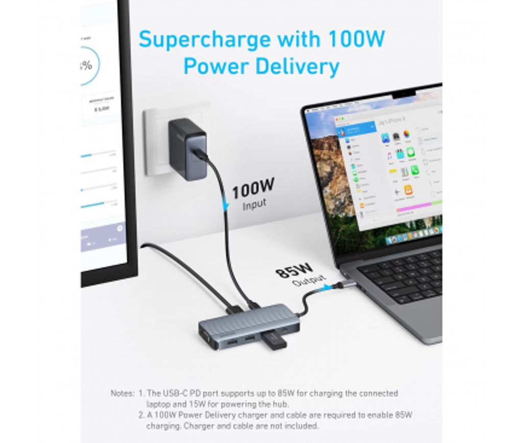 Anker USB-C-keskitin 8-in-1 3x USB-A 3.0 / 2x USB-C / 2x HDMI / 1x VGA - Harmaa
