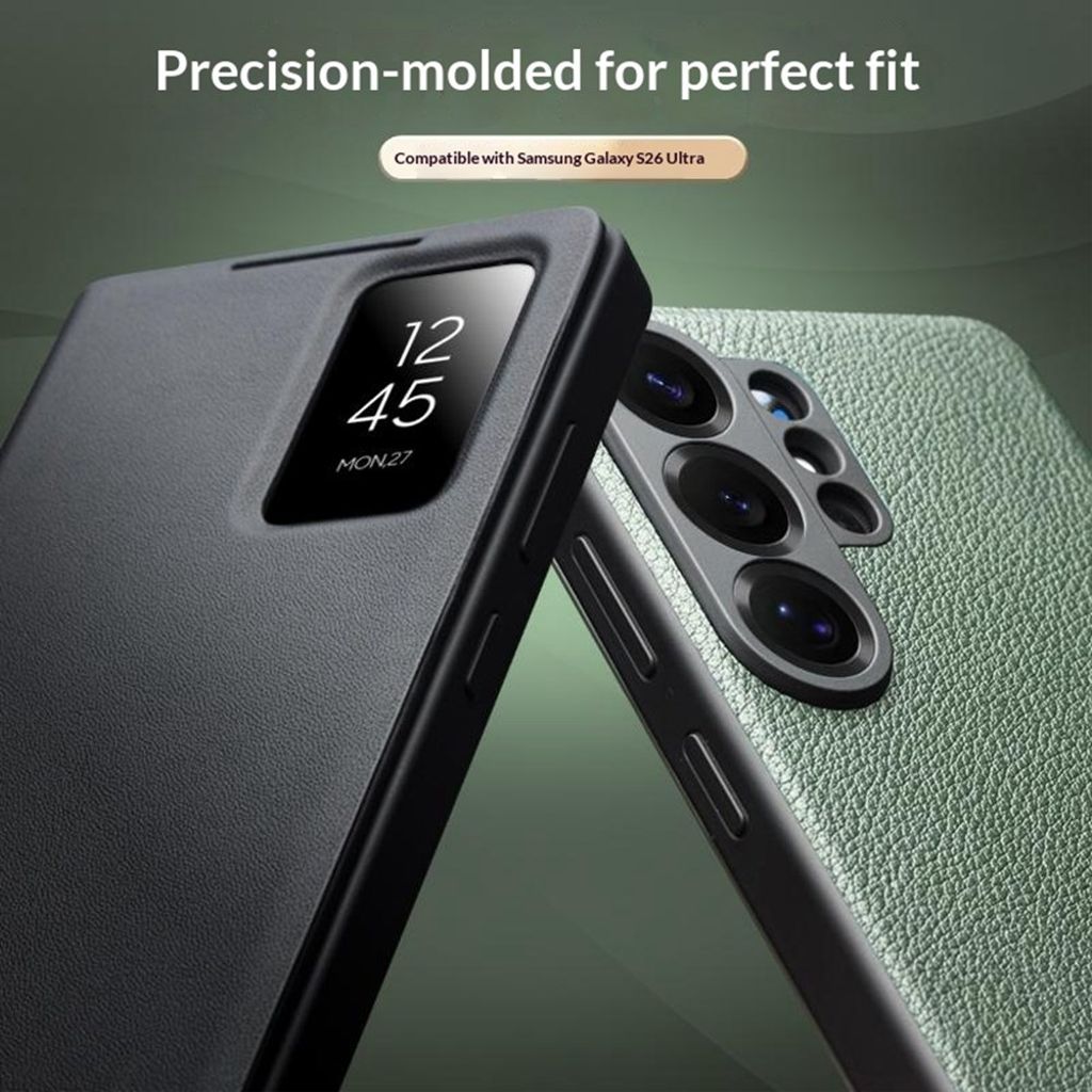 QIALINO Samsung Galaxy S26 Ultra etui med visningsvindu i ekte skinn – svart