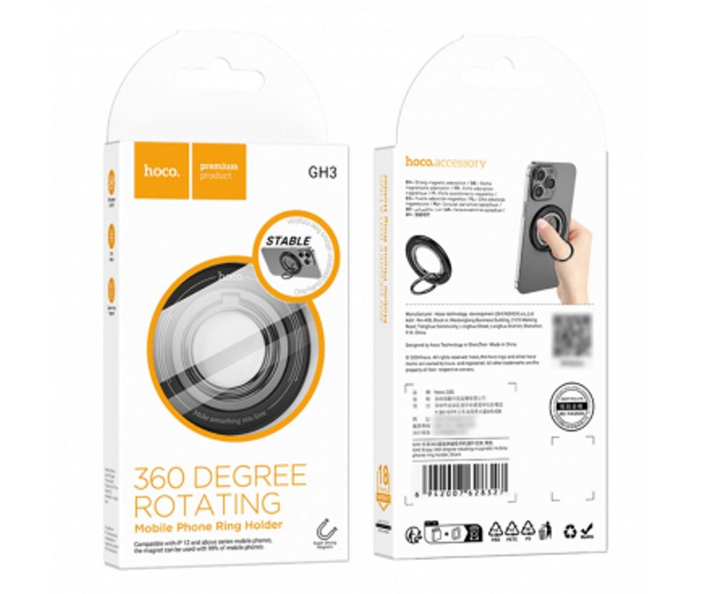Hoco GH3 magnetisk ringholder universal 360° roterbar – svart