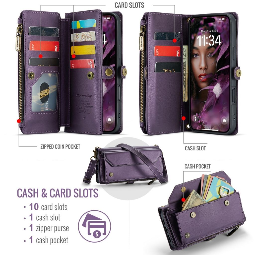 CASEME iPhone 16 Cover with 10 Card Slots - Purple