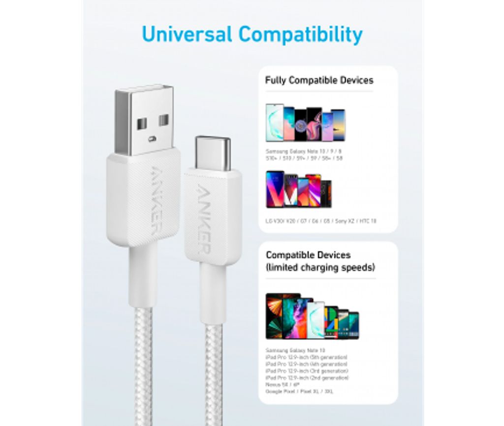 Anker 322 USB-A til USB-C-kabel 18W, 1,8m – hvit