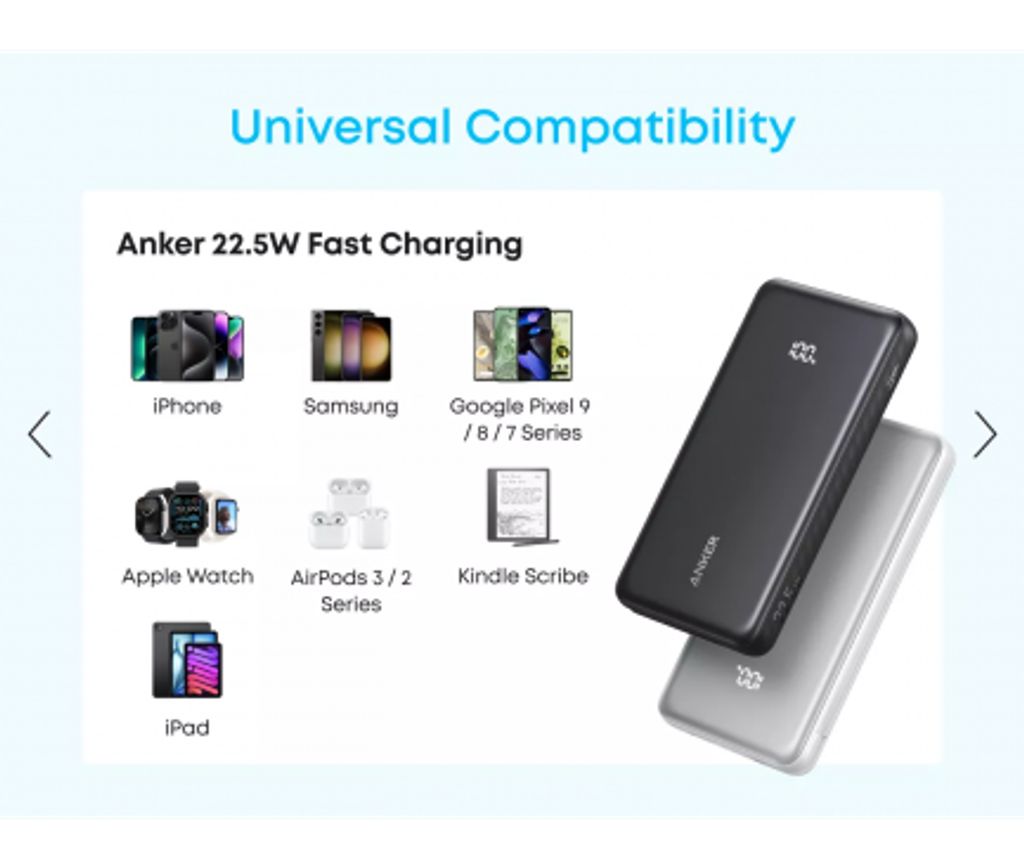 Anker Zolo Powerbank 20000mAh 22.5W QC+PD med USB-C-kabel – Vit