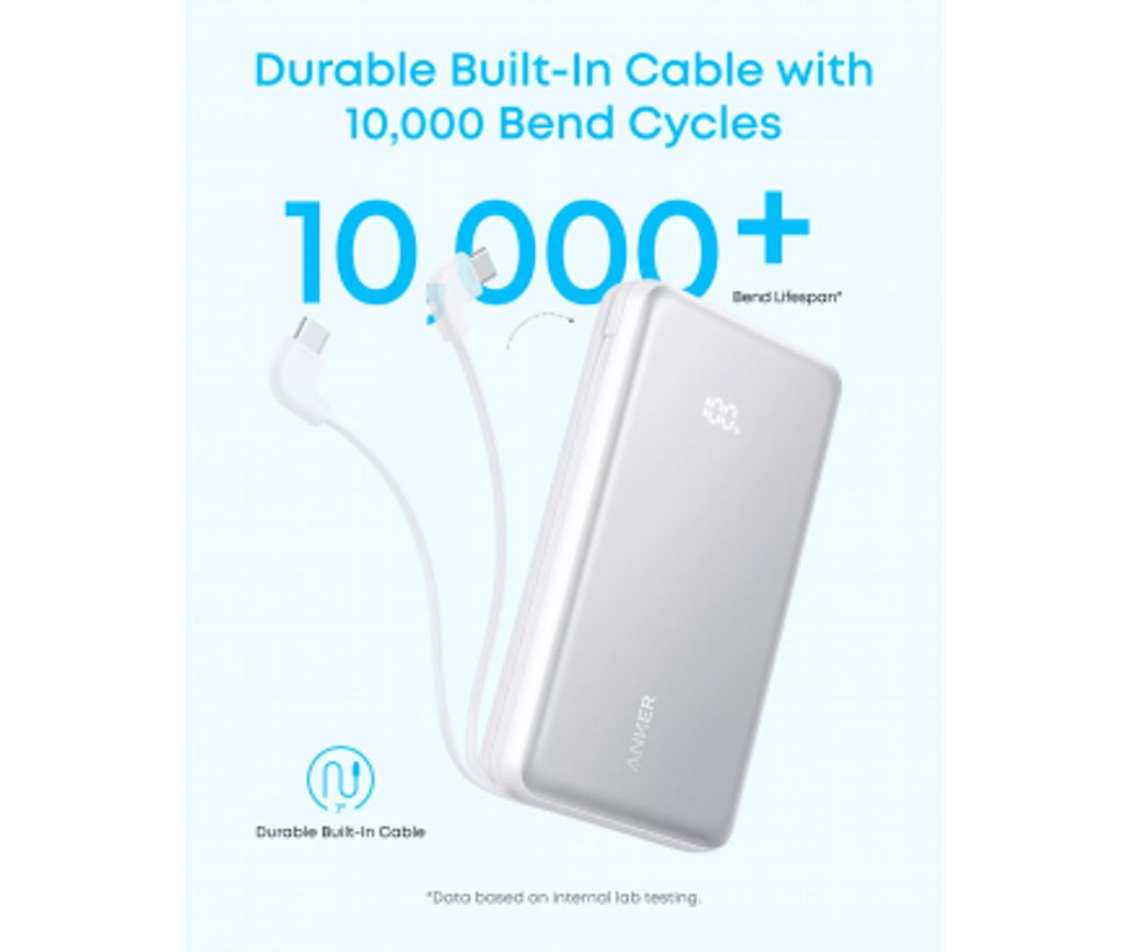 Anker Zolo Powerbank 20000mAh 22.5W QC+PD med USB-C-kabel – Vit