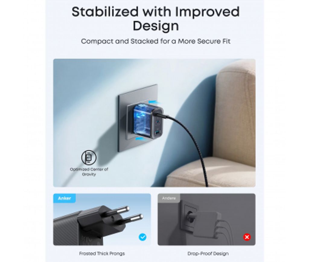 Anker Nano vægoplader 70W, 3.5A, 1x USB-A / 2x USB-C – Sort
